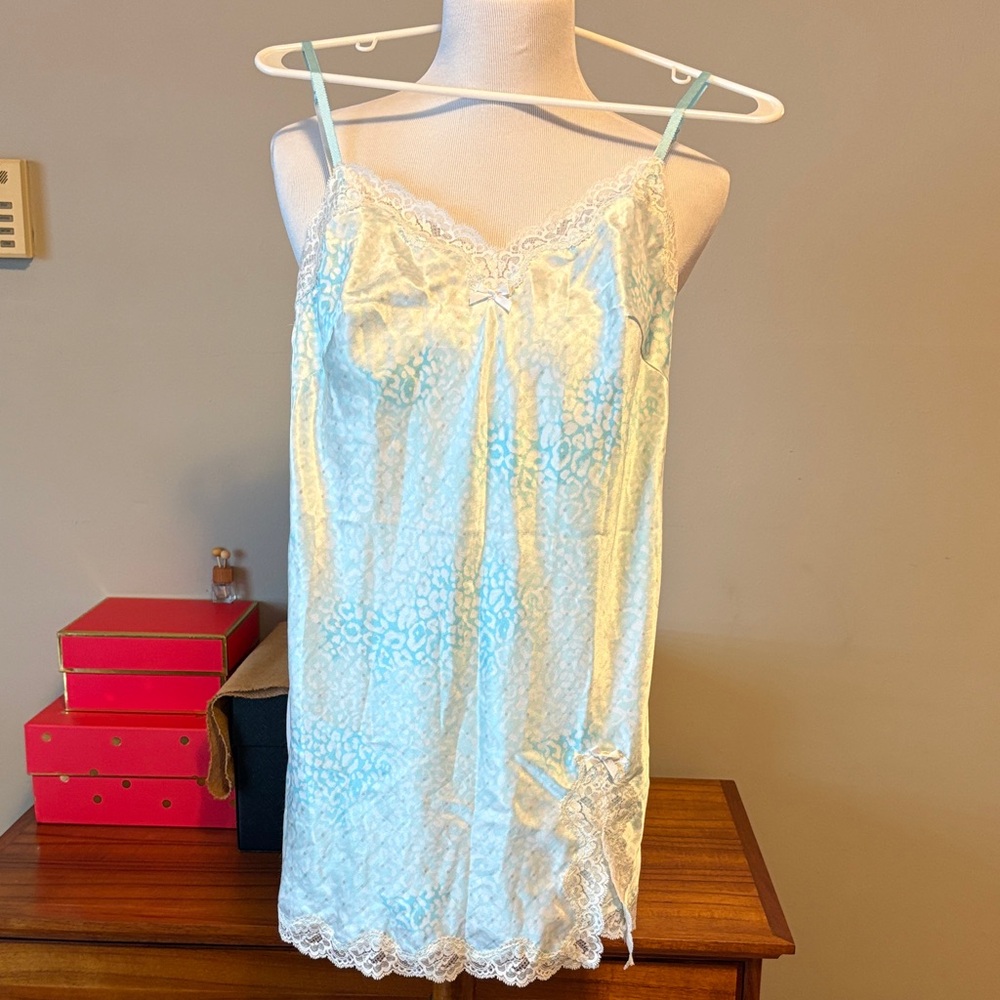 Victoria's Secret Aqua Satin Lace-Trim Chemise